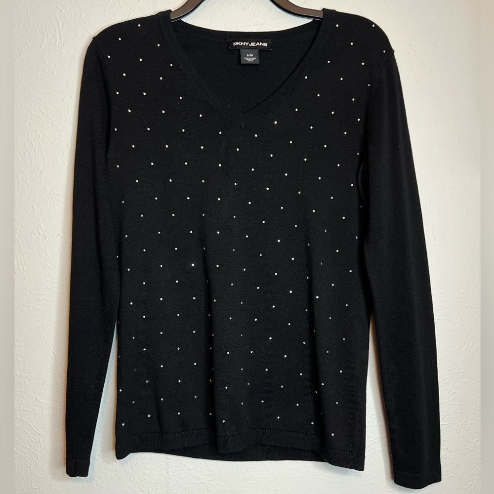 DKNY Jeans Small Women's Black Rhinestone Embellished Long Sleeve Cotton Shirt